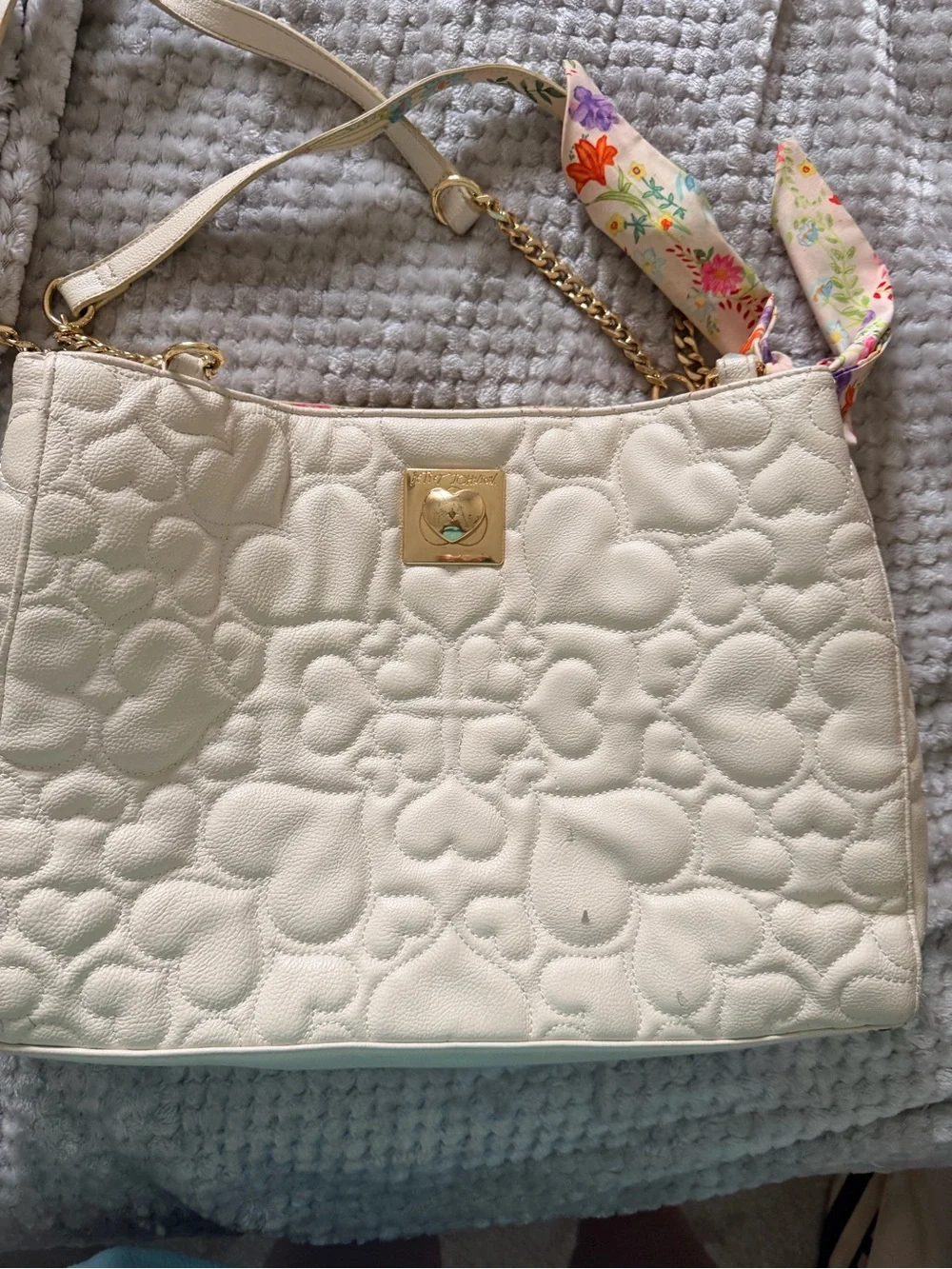 Betsey Johnson Cream Quilted Shoulder Bag with Gold Hardware